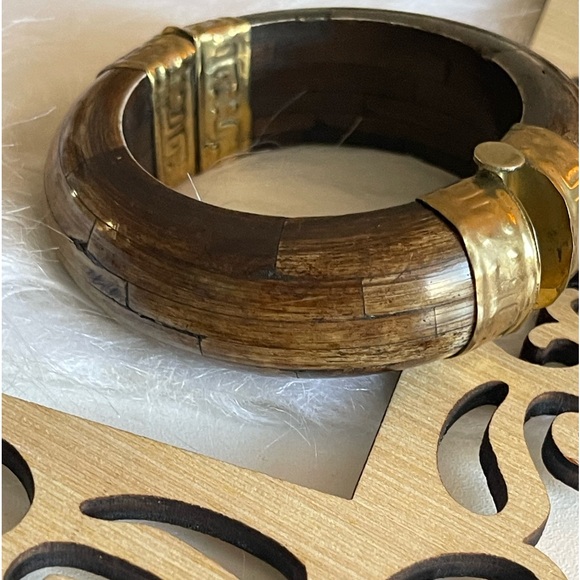 Indian Style Brass & Wood Bracelet. 3" x 1 1/4” wide. - Picture 3 of 6